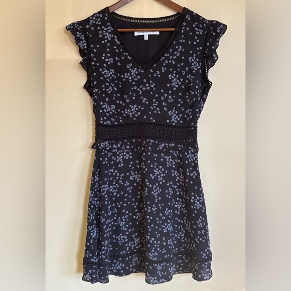 Cupcakes & Cashmere| Ruffled Black Lace Floral Chiffon Mini Dress Sz 0 - Picture 3 of 7